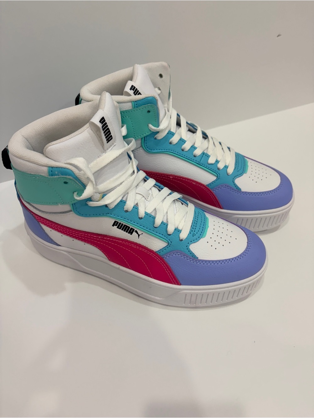 PUMA Woman’s Karmen High-Top Sneakers in White, Teal & Purple, New! US 7